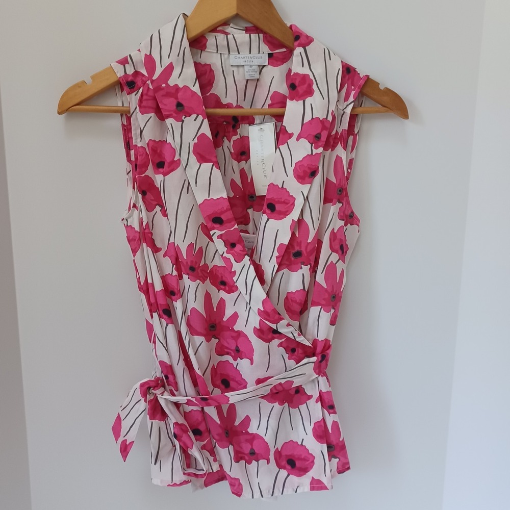 Charter Club Sleeveless Cami Blouse Combo Floral 6P Petite Waist Tie NWT MSRP$60